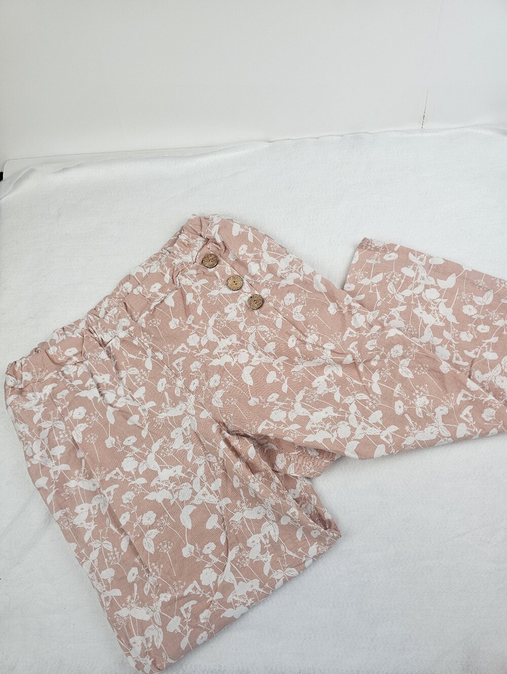 Kaktus Linen Blend Wide Leg Pants Large Peach Floral‎ Print Pocket Ealstic Waist